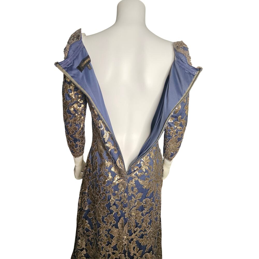 Tadashi Shoji Navy Gold Sequin Maxi Dress Sz6 Metallic Lace Overlay Formal Gown - Picture 5 of 9